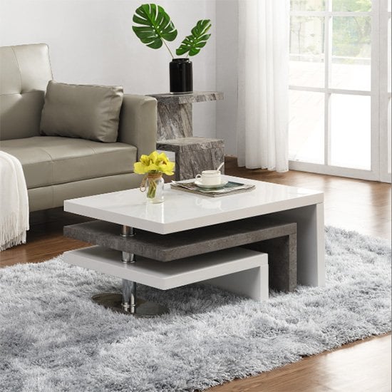 Amarillo White High Gloss Rotating Coffee Table In Concrete Effect