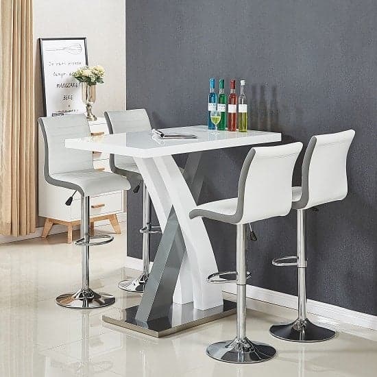 Axton Gloss Bar Table In White Grey 4 Riga White Grey Stools