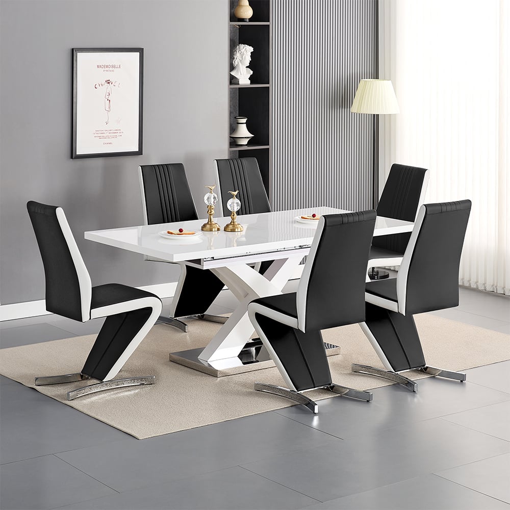 Axton Large Extending White Dining Table 6 Girona Black White Chairs