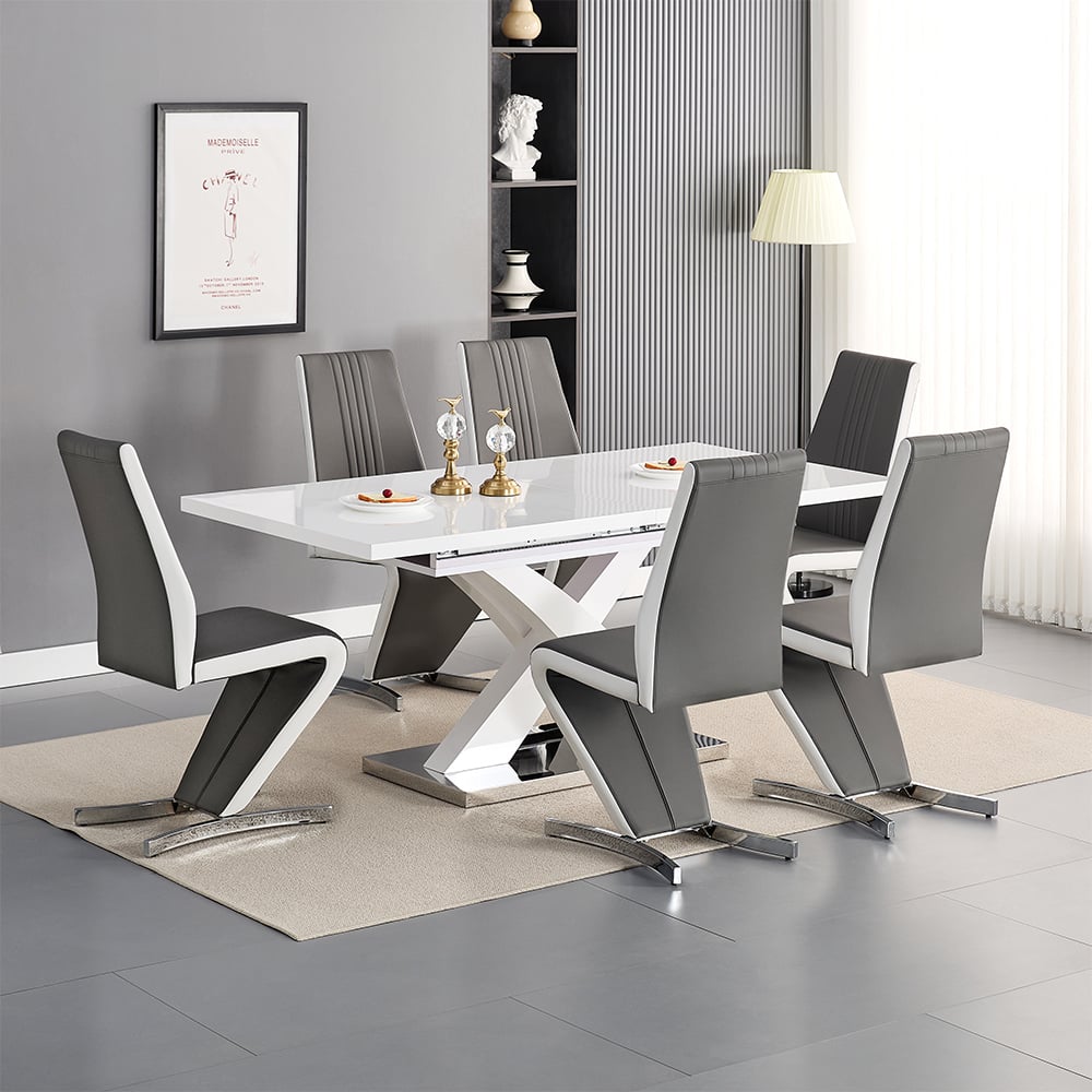 Axton Large Extending White Dining Table 6 Girona Grey White Chairs