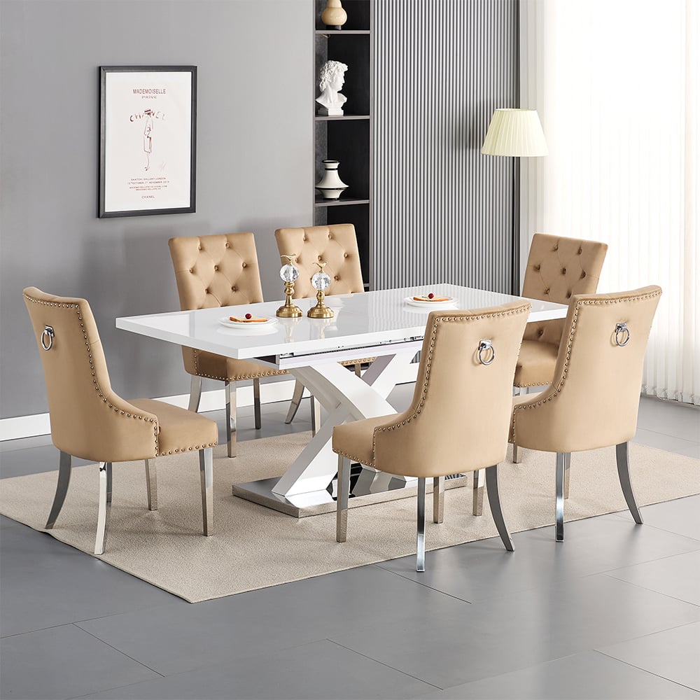 Axton Large Extending White Dining Table 6 Irvine Champagne Chairs