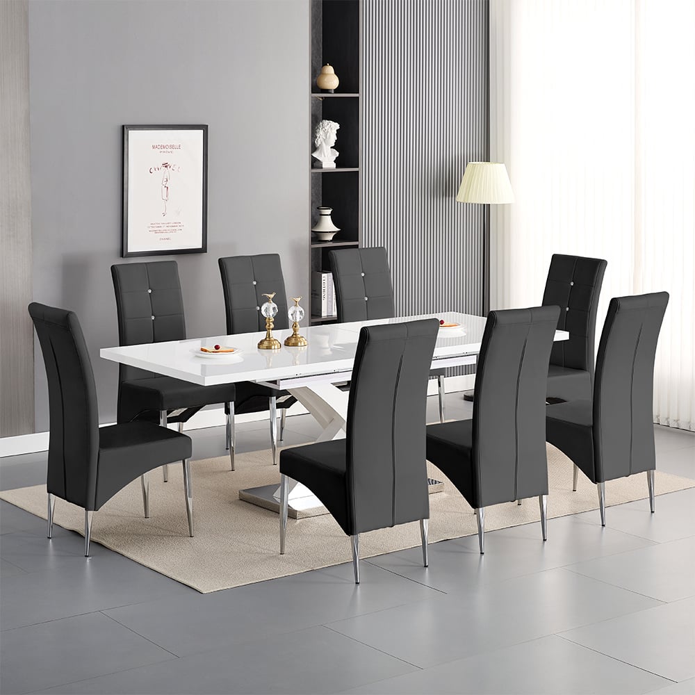 Axton Large Extending White Dining Table 8 Versilia Black Chairs