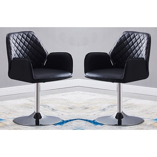 Burwell Swivel Black Faux Leather Dining Chairs In Pair