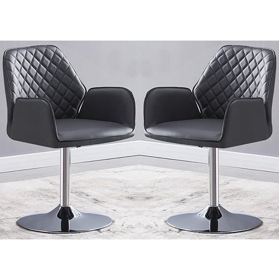 Burwell Swivel Grey Faux Leather Dining Chairs In Pair