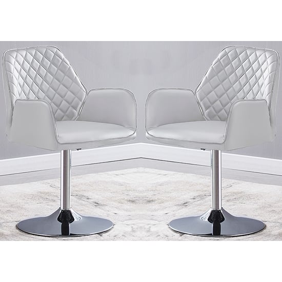 Burwell Swivel White Faux Leather Dining Chairs In Pair
