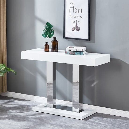 Candler High Gloss Console Table In White With Chrome Legs