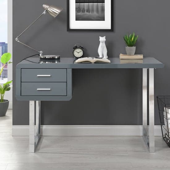 Carroll High Gloss Computer Desk In Grey With Chrome Legs