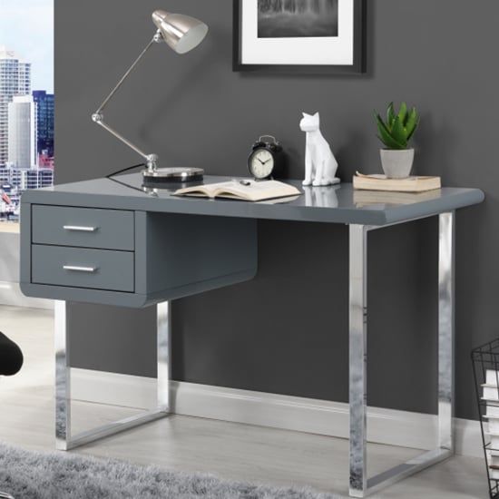 Carroll High Gloss Computer Desk In Grey With Chrome Legs