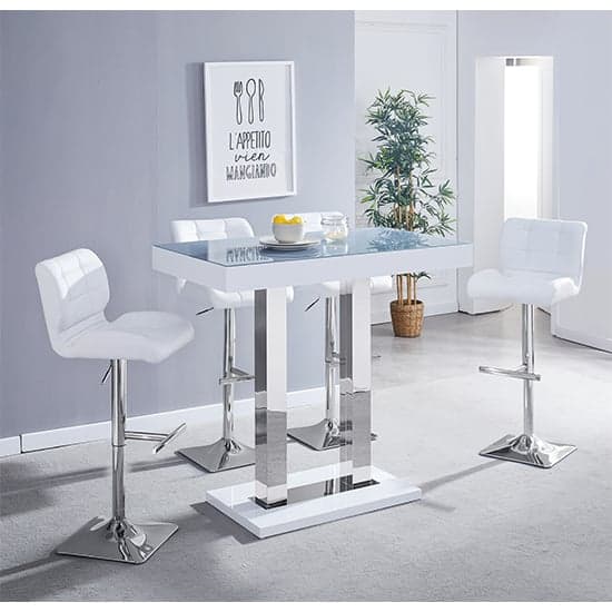 Cortina High Gloss Bar Table In White With Grey Glass Top
