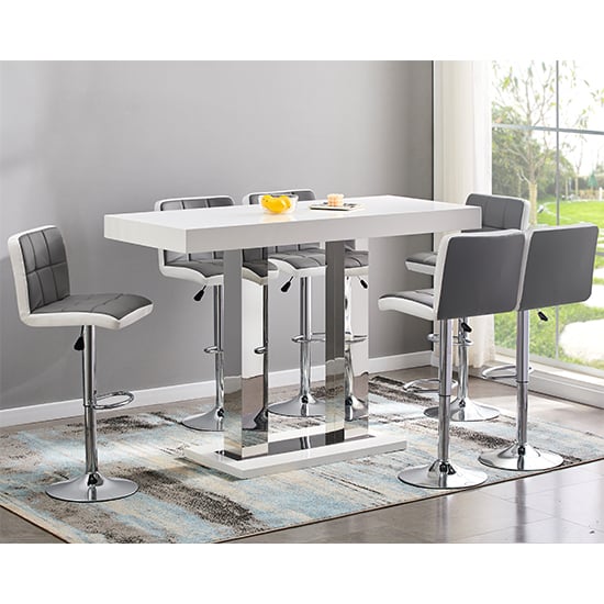 Cortina Large White Gloss Bar Table 6 Cortez Grey White Stools