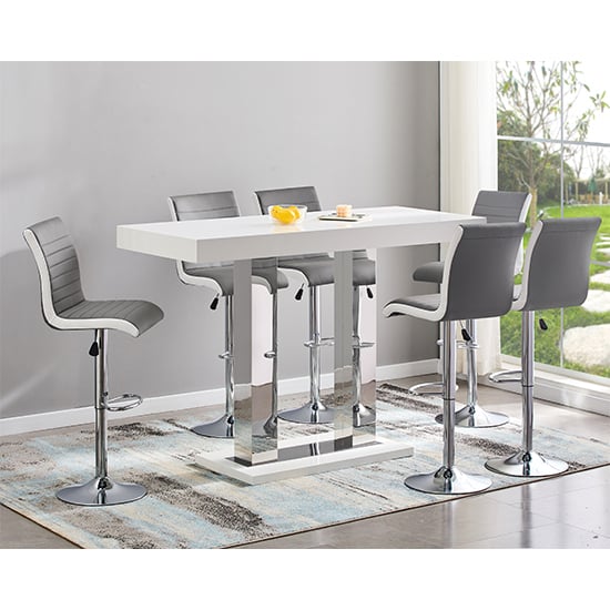 Cortina Large White Gloss Bar Table 6 Riga Grey White Stools