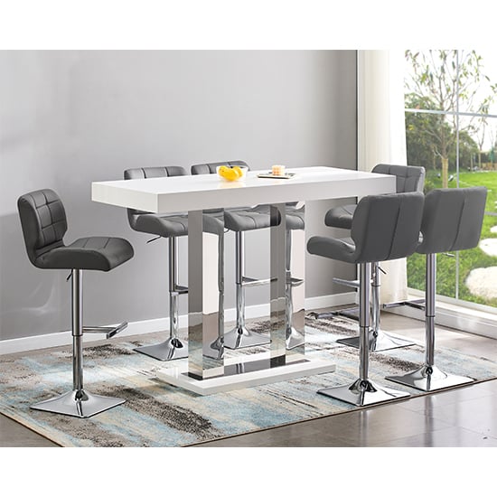 Cortina Large White Gloss Bar Table With 6 Canyon Grey Stools