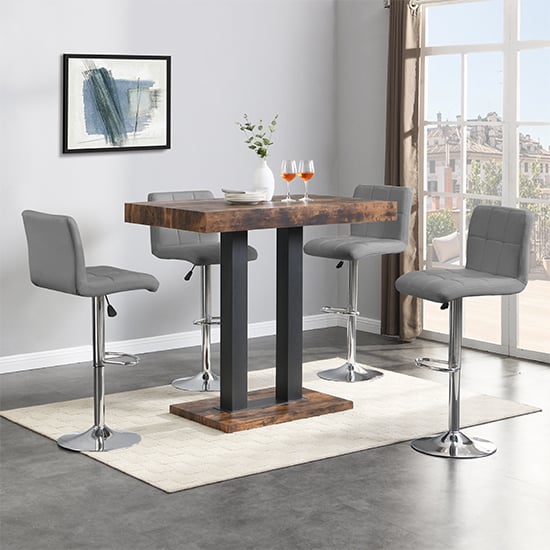 Cortina Rustic Oak Wooden Bar Table Small 4 Concord Grey Stools