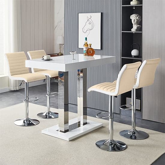 Cortina White High Gloss Bar Table 4 Riga Taupe White Stools