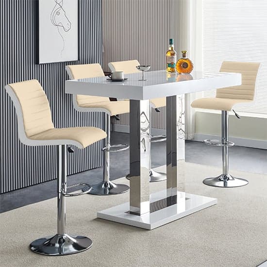 Cortina White High Gloss Bar Table 4 Riga Taupe White Stools