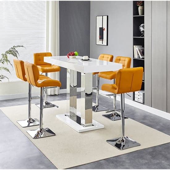 Cortina White High Gloss Bar Table Large 6 Canyon Curry Stools