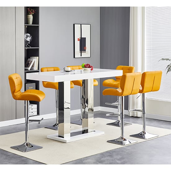 Cortina White High Gloss Bar Table Large 6 Canyon Curry Stools