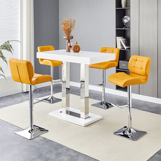 Cortina White High Gloss Bar Table Small 4 Canyon Curry Stools