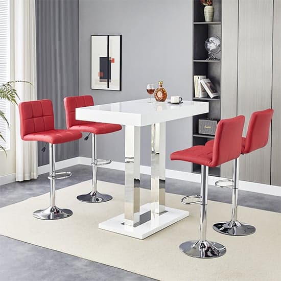 Cortina White High Gloss Bar Table Small 4 Concord Bordeaux Stools