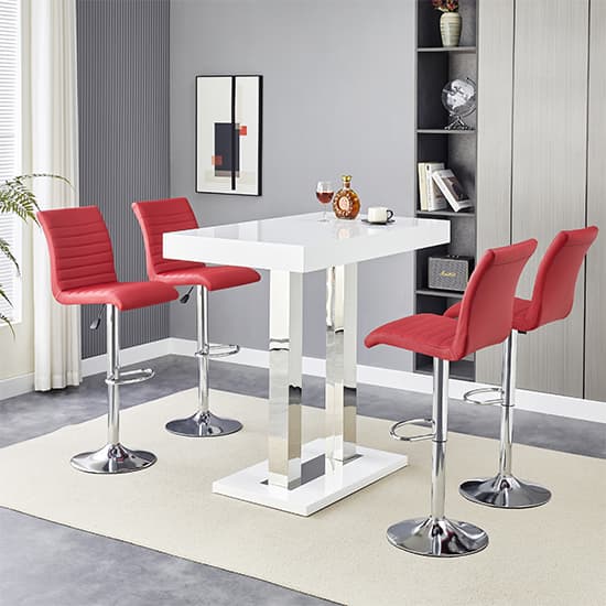 Cortina White High Gloss Bar Table Small 4 Rifle Bordeaux Stools