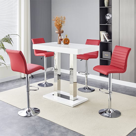 Cortina White High Gloss Bar Table Small 4 Rifle Bordeaux Stools