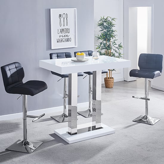 Cortina White High Gloss Bar Table With 4 Canyon Black Stools