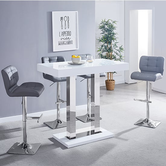 Cortina White High Gloss Bar Table With 4 Canyon Grey Stools