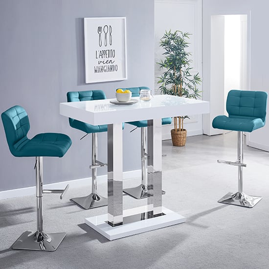 Cortina White High Gloss Bar Table With 4 Canyon Teal Stools