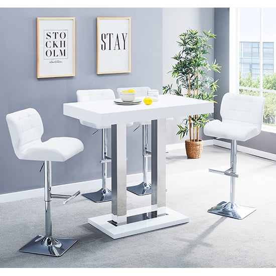 Cortina White High Gloss Bar Table With 4 Canyon White Stools
