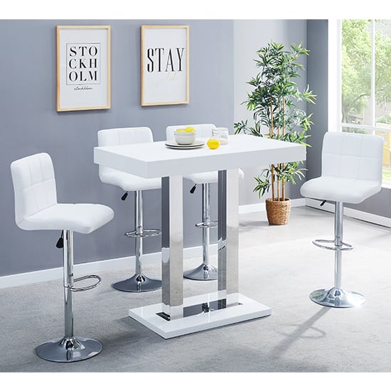 Cortina White High Gloss Bar Table With 4 Concord White Stools