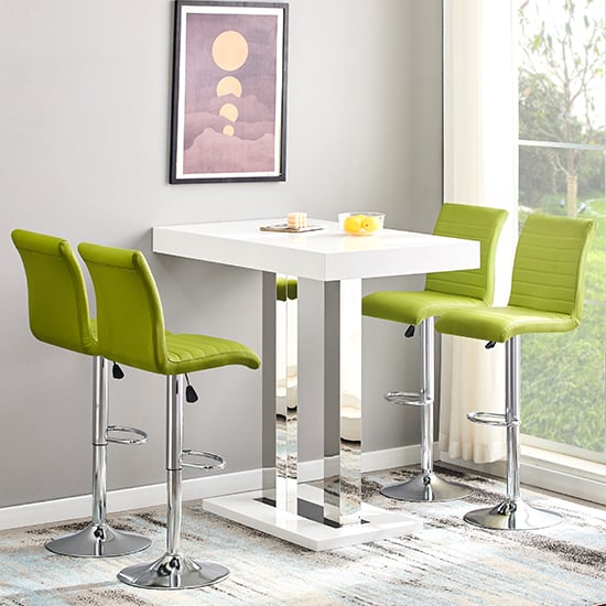 Cortina White High Gloss Bar Table With 4 Rifle Green Stools