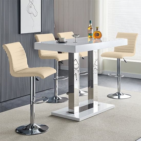 Cortina White High Gloss Bar Table With 4 Rifle Taupe Stools