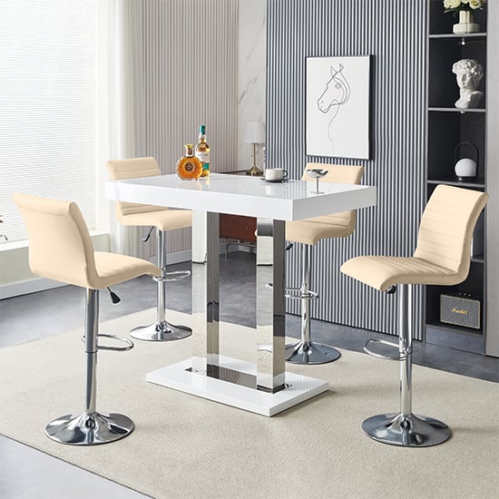 Cortina White High Gloss Bar Table With 4 Rifle Taupe Stools