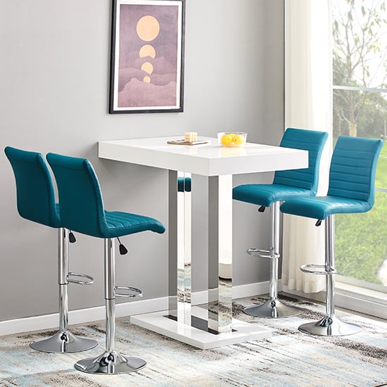 Cortina White High Gloss Bar Table With 4 Rifle Teal Stools