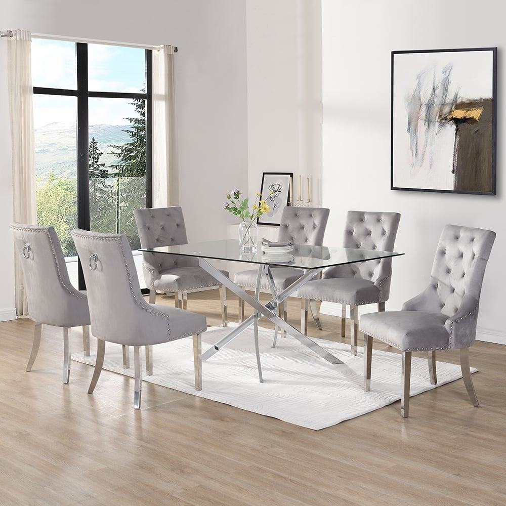 Denton Large Clear Glass Dining Table 6 Irvine Grey Chairs