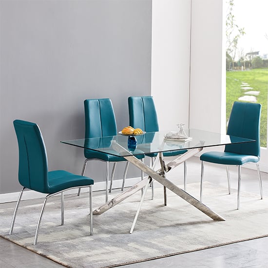 Denton Rectangular Glass Dining Table With 6 Opelika Teal Chairs