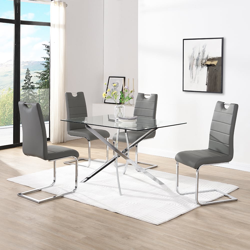 Denton Small Glass Dining Table With 4 Petersburg Grey Chairs