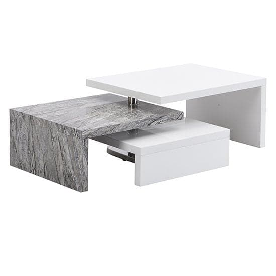 Detroit Rotating White Gloss Coffee Table In Melange Marble Effect