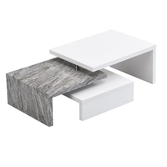 Detroit Rotating White Gloss Coffee Table In Melange Marble Effect