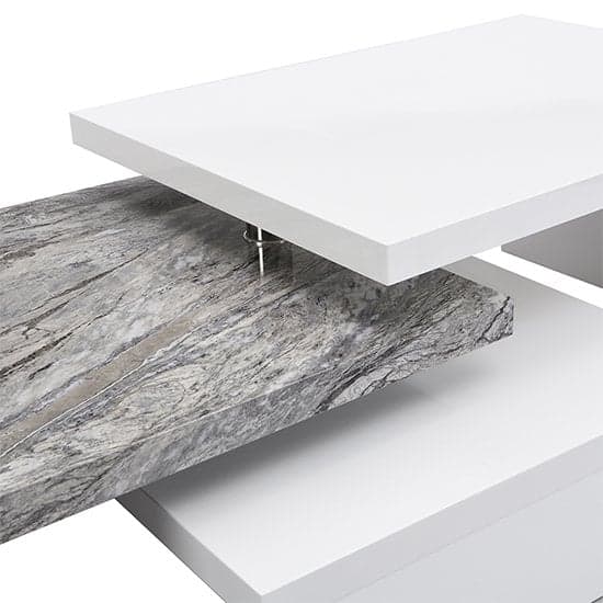 Detroit Rotating White Gloss Coffee Table In Melange Marble Effect