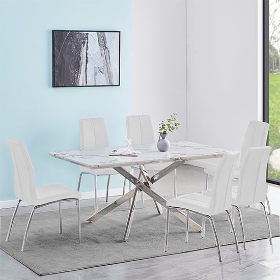 Devlin Diva Marble Effect Dining Table 6 Opelika White Chairs