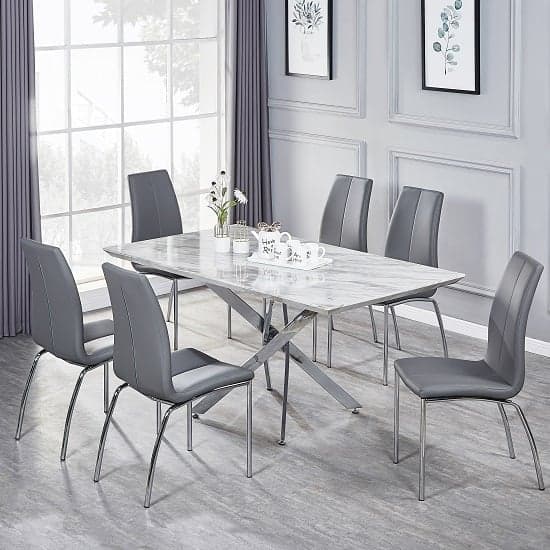 Devlin Magnesia Marble Effect Dining Table 6 Opelika Grey Chairs