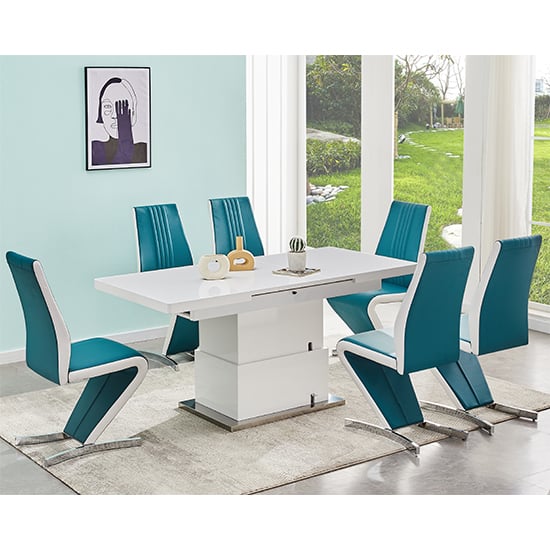Eldon Convertible White Gloss Dining Table 6 Girona Teal Chairs