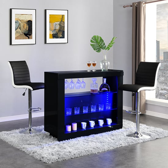 Fernier White High Gloss Bar Table 2 Riga Black White Stools