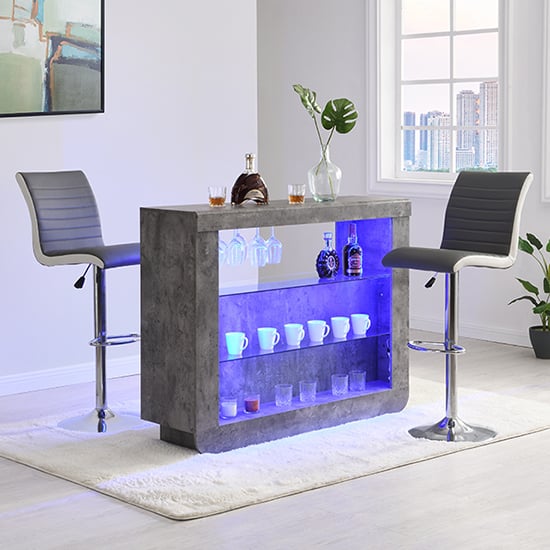 Fernier Concrete Effect Bar Table With 2 Riga Grey White Stools