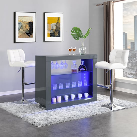 Fernier Grey High Gloss Bar Table With 2 Canyon White Stools