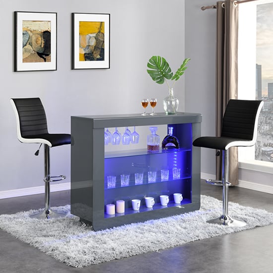 Fernier Grey High Gloss Bar Table With 2 Riga Black White Stools