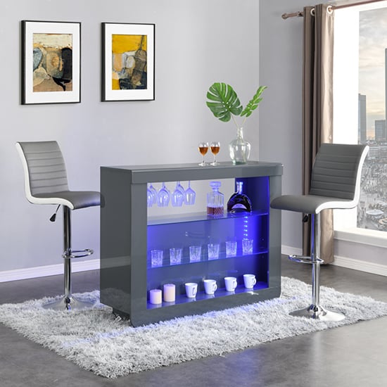 Fernier White High Gloss Bar Table With 2 Riga Grey White Stools