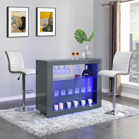 Fernier White High Gloss Bar Table With 2 Riga White Grey Stools