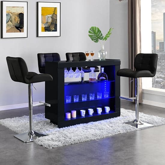 Fernier High Gloss Bar Table Unit In Black With LED Lighting